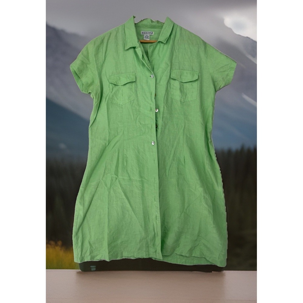 Merona Linen Shirt Dress Womens L SH/SL Collar Button Up Green Classic Casual